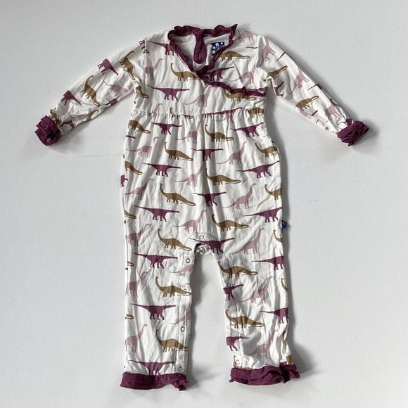 Kickee Pants Dinosaur Print Romper - White and Purple - Picture 2 of 7